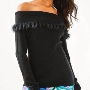 Lilly Pulitzer Off-Shoulder Black Sweater with Fur Detail